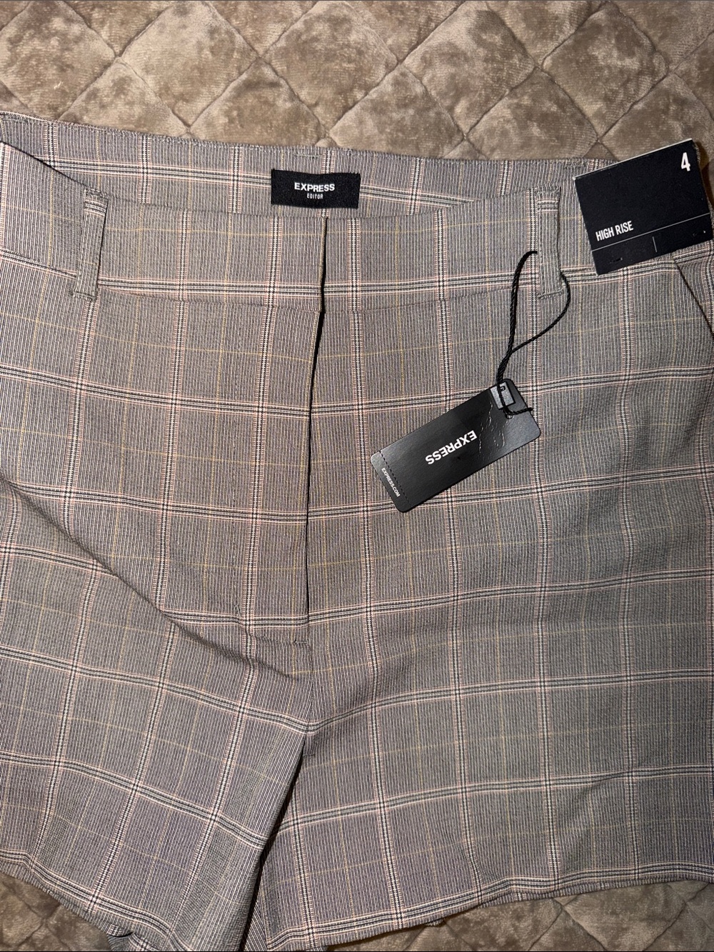 Express Gray Plaid High-Rise Shorts with Pink Windowpane - Picture 3 of 6